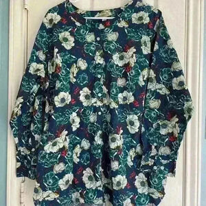 Duluth Tunic Top Womens Plus Size 1X Blue Long Sleeve Floral Wrinkle Fighter